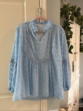Light Blue Swiss Dot Ruffle Peasant Blouse